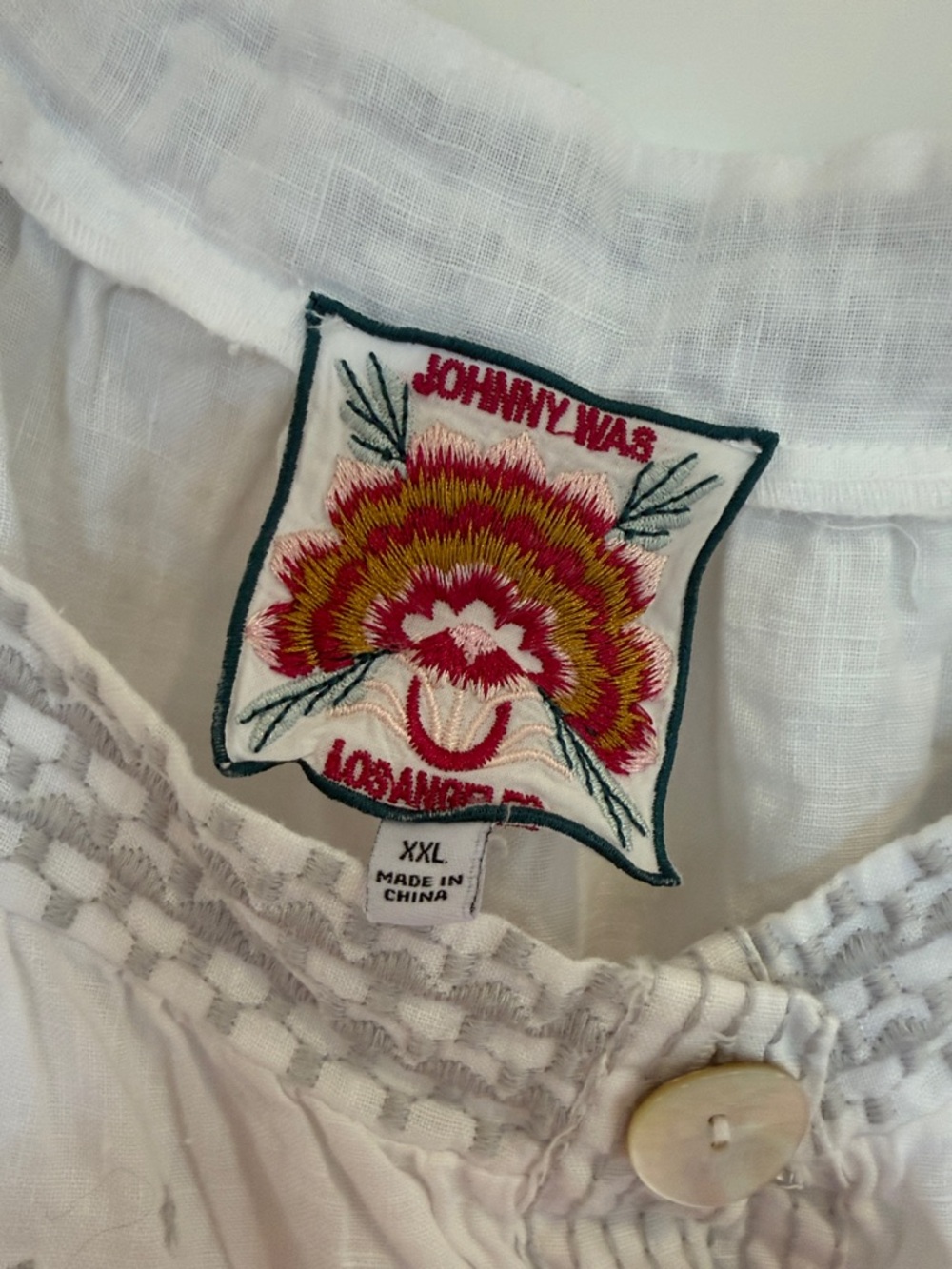 Johnny Was White Embroidered Button-Front Peasant Blouse - Picture 3 of 7
